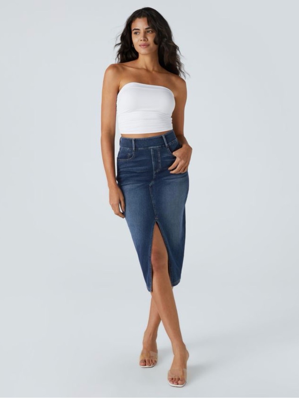 NWOT Halara Flex High Waisted Coastal Country  Bodycon Washed Denim Midi Skirt L